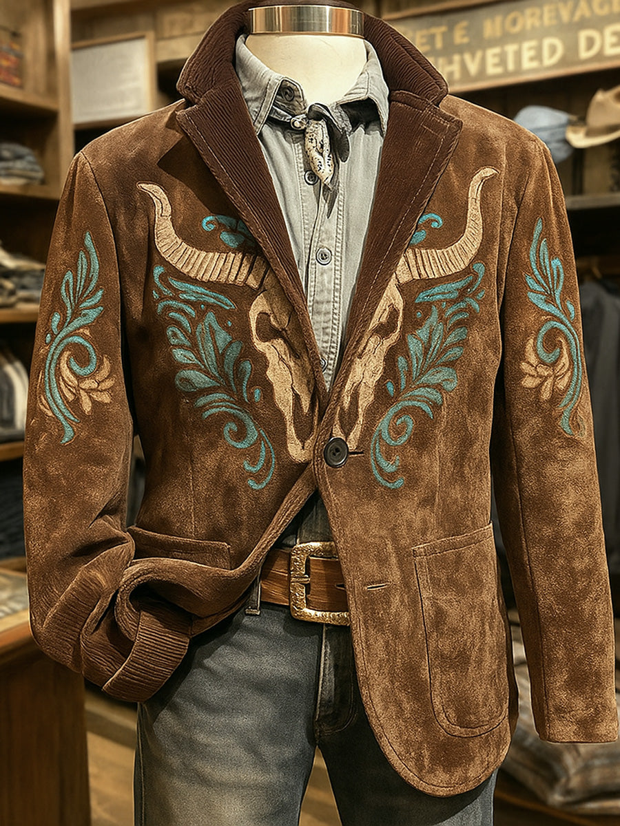 Men's Retro Western Style Art Print Casual Pocket Blazers