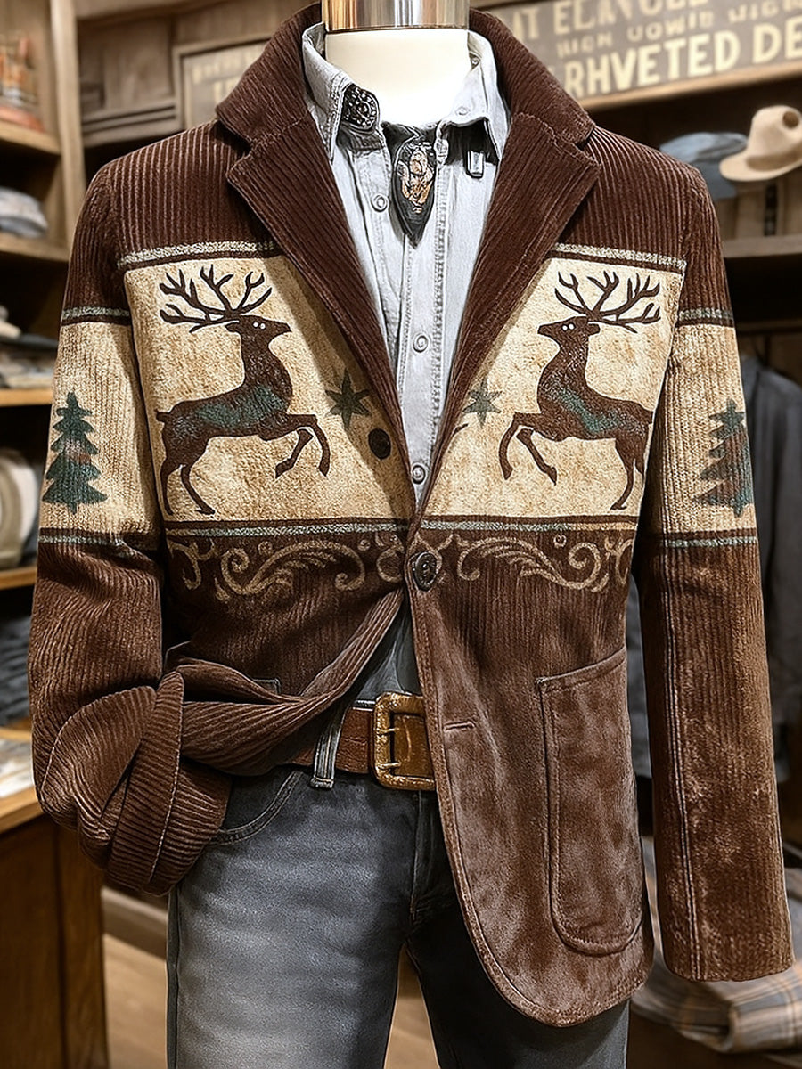 Men's Retro Western Christmas Art Print Casual Corduroy Pocket Blazers