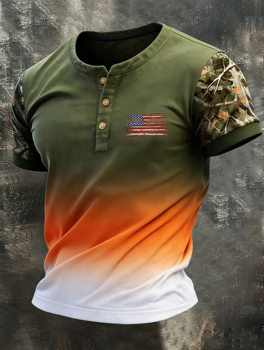 USA Flag Art Printed Round Neck Short Sleeves T-Shirt