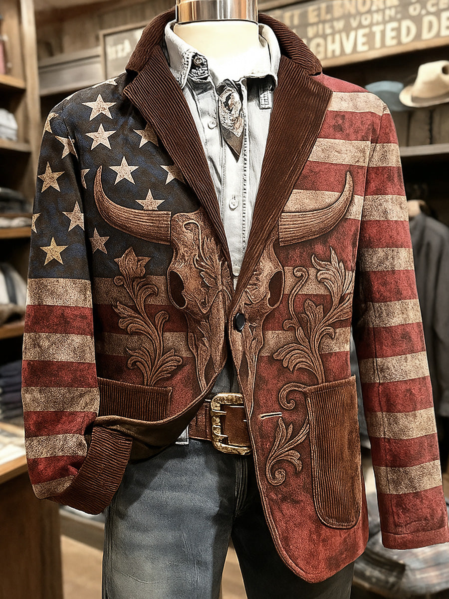 Men's Retro Retro Western Art Print Casual Corduroy Pocket Blazers