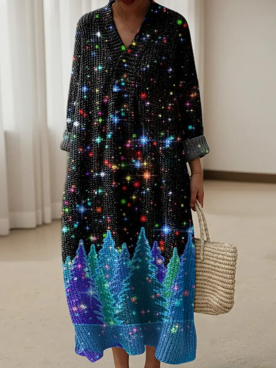 Women's Retro Christmas Art Print Casual Vintage V-Neck Long-Sleeve knit Dress